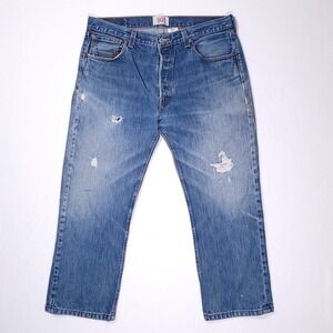 Levis 501 Jeans Mens 36x26 Blue Denim Pants Mexico Distressed Medium Wash Hemmed